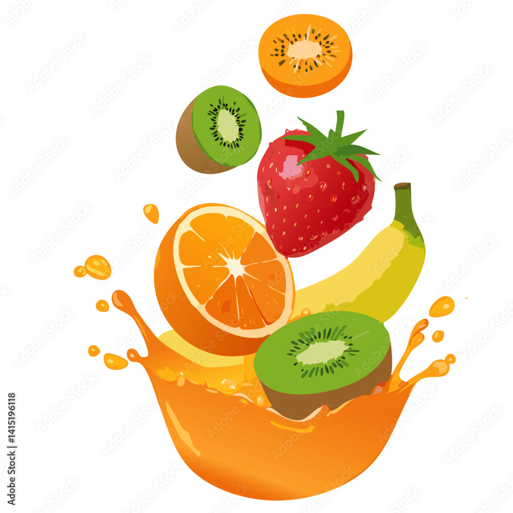 Fresh fruits and splashes, 3d vector icon set