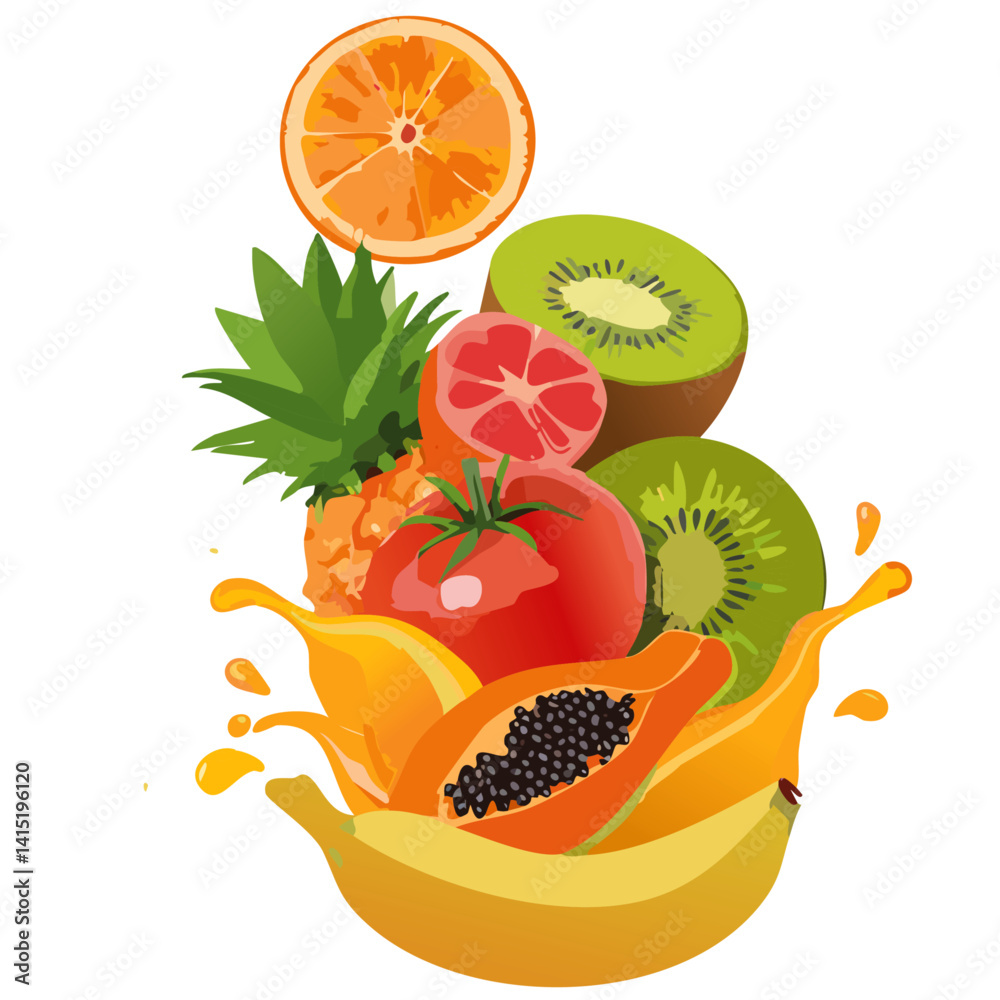Fresh fruits and splashes, 3d vector icon set