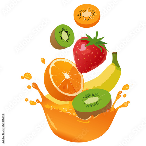 Obraz na płótnie Fresh fruits and splashes, 3d vector icon set w salonie