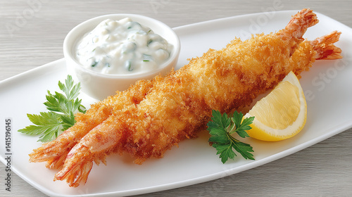 Ebi fry golden and crispy tartar sauce and lemon sli photo