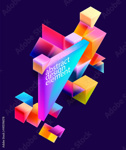 Geometric poster design of multicolored 3D triangles. Glass iridescent geometric shape.