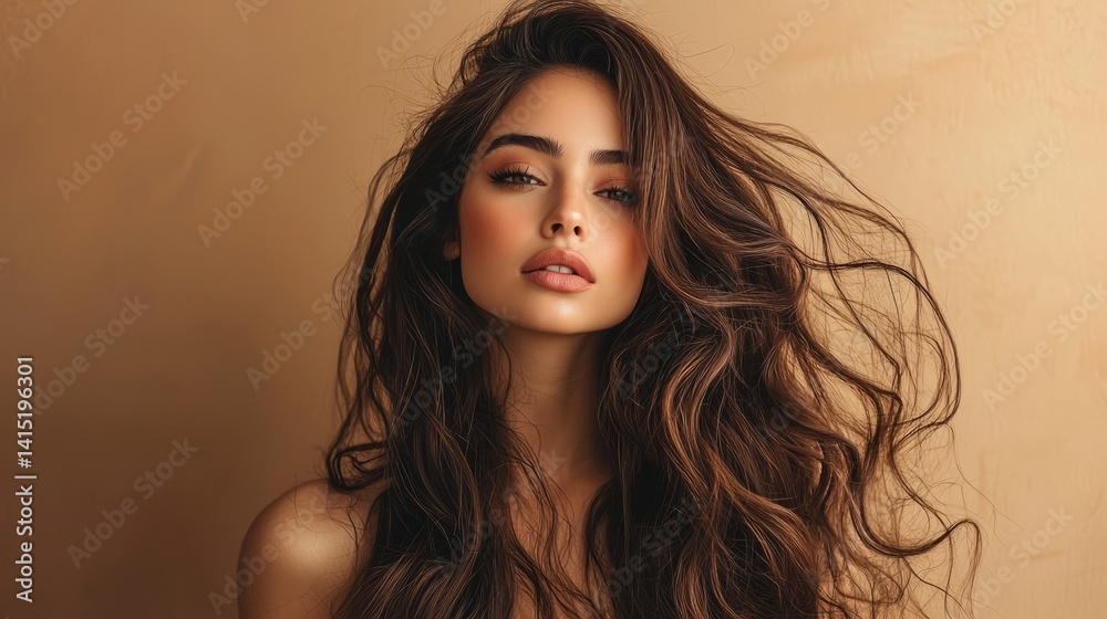 Naklejka premium A captivating woman with long flowing hair poses effortlessly against a warm backdrop. Her expression exudes confidence, highlighting her natural beauty and charm in this artistic composition