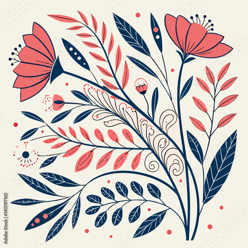 Botanical doodle background art vector set. Flower and leaves abstract shape doodle art design for print, wallpaper, clipart, wall art for home decoration 