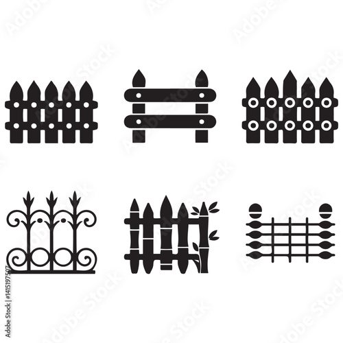 Fence icons set isolated on white background. Garden fence icons set. Outline set of garden fence Vector Black silhouettes icons