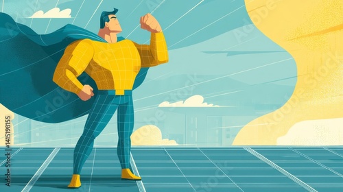 A solar panel power hero flexes muscles proudly on a rooftop, surrounded by bright skies and scattered clouds. This figure symbolizes the importance of clean technology and sustainable energy