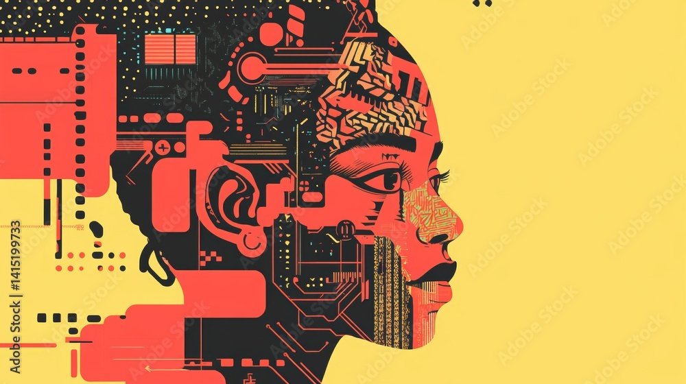 Obraz premium Futuristic portrait of a person's head surrounded by intricate circuit patterns creating a digital and tech-inspired look