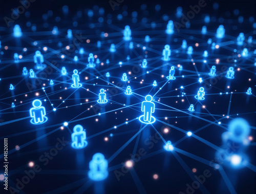 Glowing human icons connected by blue lines in a digital tech style on a dark background, symbolizing a futuristic network and communication system. Ai generative