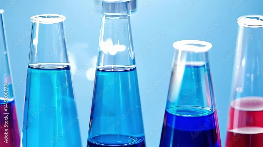 Chemical reaction in conical flasks on blue background Chemical reaction in conical flasks on blue background