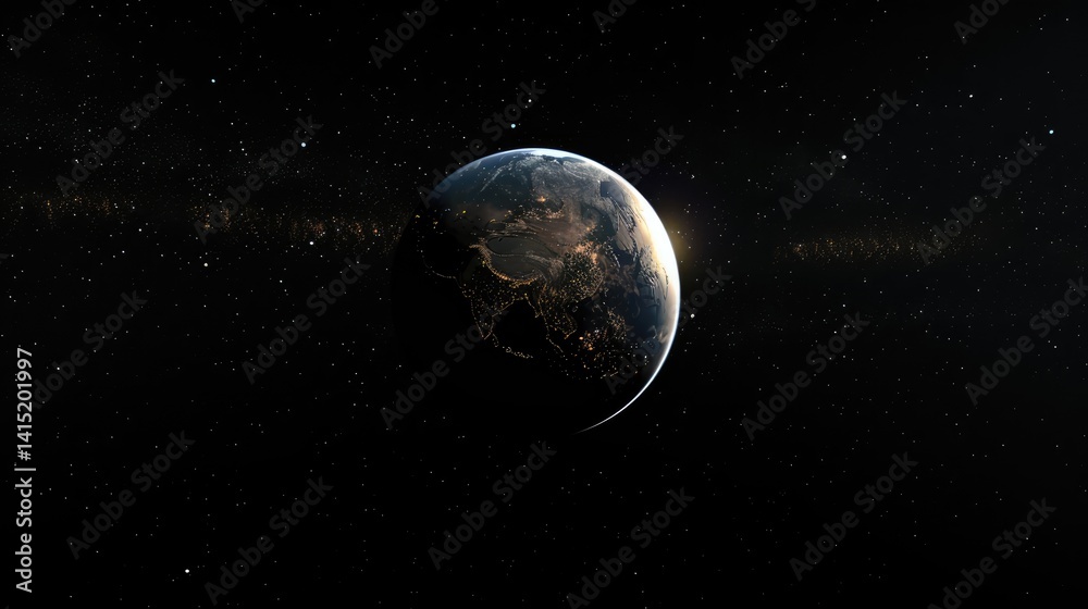 Obraz premium A stunning view of Earth from space, showcasing illuminated cities at night against a starry background