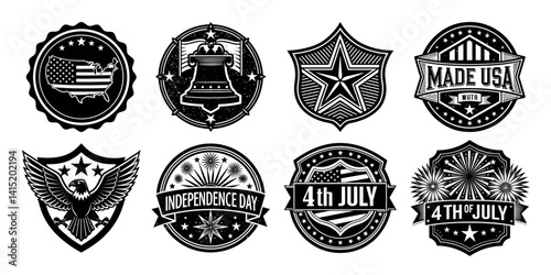 Vintage 4th of July Badge Set – Patriotic USA Independence Day Icons in Retro Style