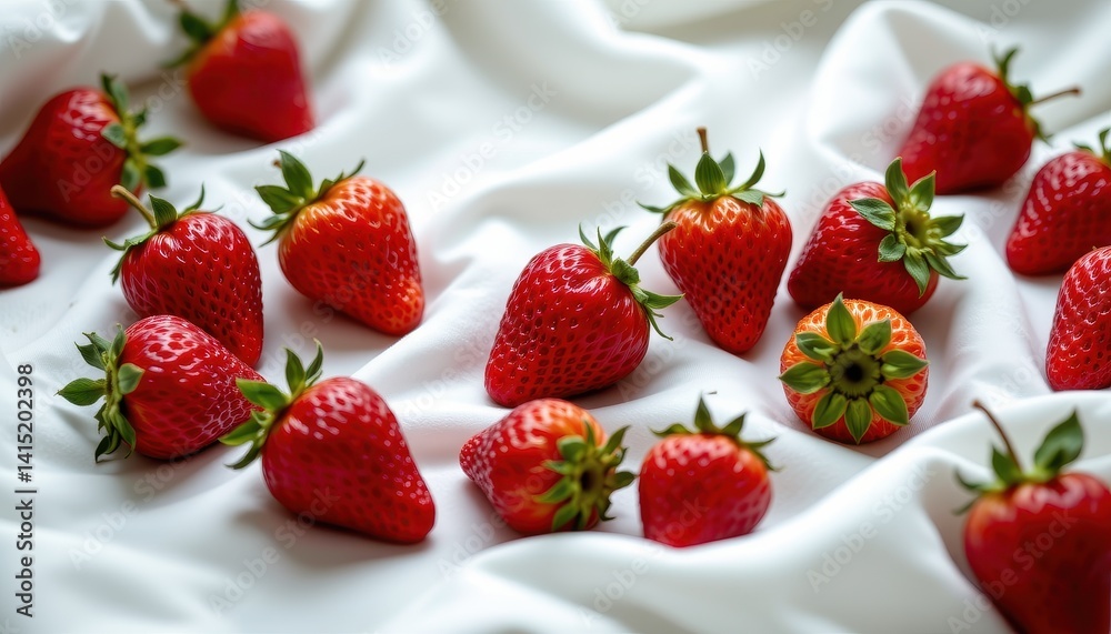 Ripe strawberries scattered on a silky white fabric, creating a refreshing and inviting scene Ripe strawberries scattered on a silky white fabric, creating a refreshing and inviting scene
