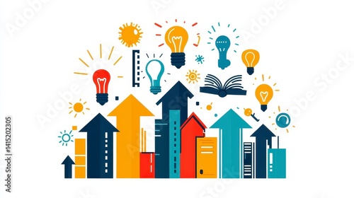 Colorful Cityscape Illustration with Lightbulbs and Ideas Elements
