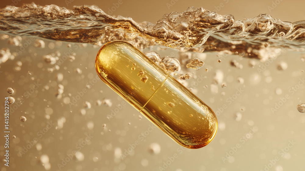 Fototapeta premium Golden supplement capsule suspended in liquid with effervescent energy and radiant clarity