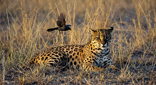 A tawny-colored Jaguarundi, perfectly camouflaged against dry savanna grass, lies completely still, its piercing eyes intently locked onto an unsuspecting bird.
