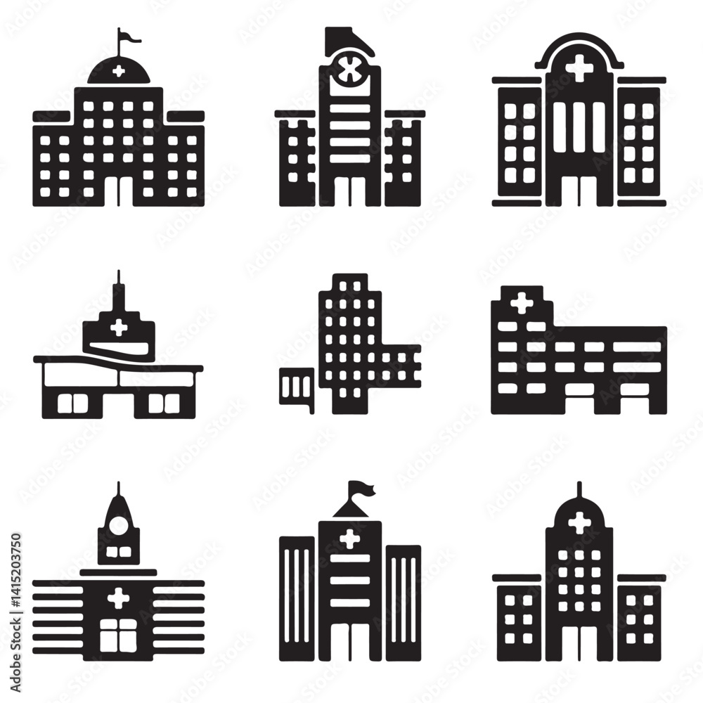 Obraz premium hospital, clinic, hospital building black vector silhouettes
