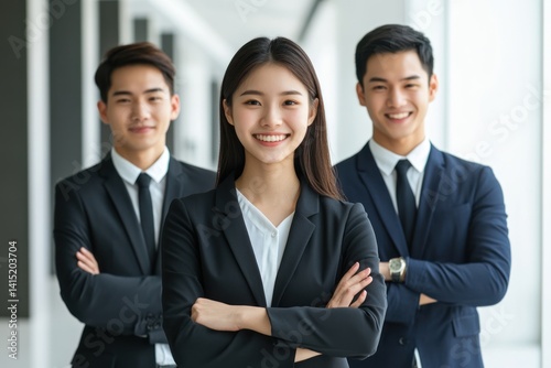 Three smiling people in business attire stand indoors with arms crossed.