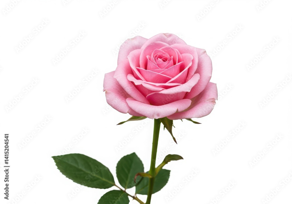Single pink rose with stem and leaves isolated on white background Single pink rose with stem and leaves isolated on white background