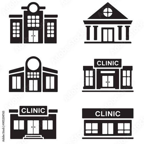 hospital, clinic, hospital building black vector silhouettes