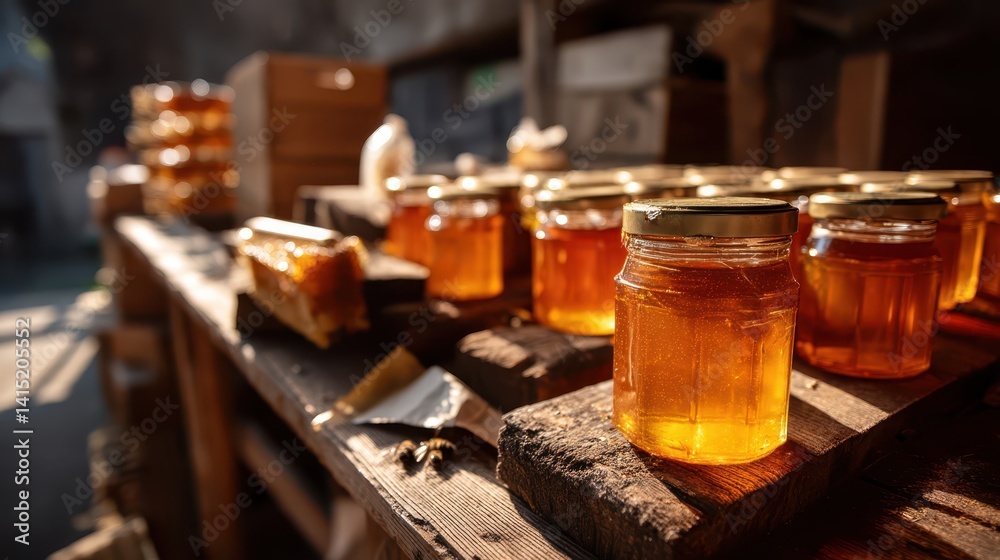 Jars filled with golden honey sit on a rustic wooden surface in a local apiary. The soft sunlight creates a warm atmosphere, highlighting the natural beauty of the harvested honey Jars filled with golden honey sit on a rustic wooden surface in a local apiary. The soft sunlight creates a warm atmosphere, highlighting the natural beauty of the harvested honey