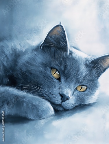 Close-up of a serene, blue-eyed gray cat.