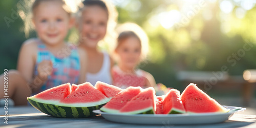 Children enjoying summer picnic with fresh watermelon slices on sunny day