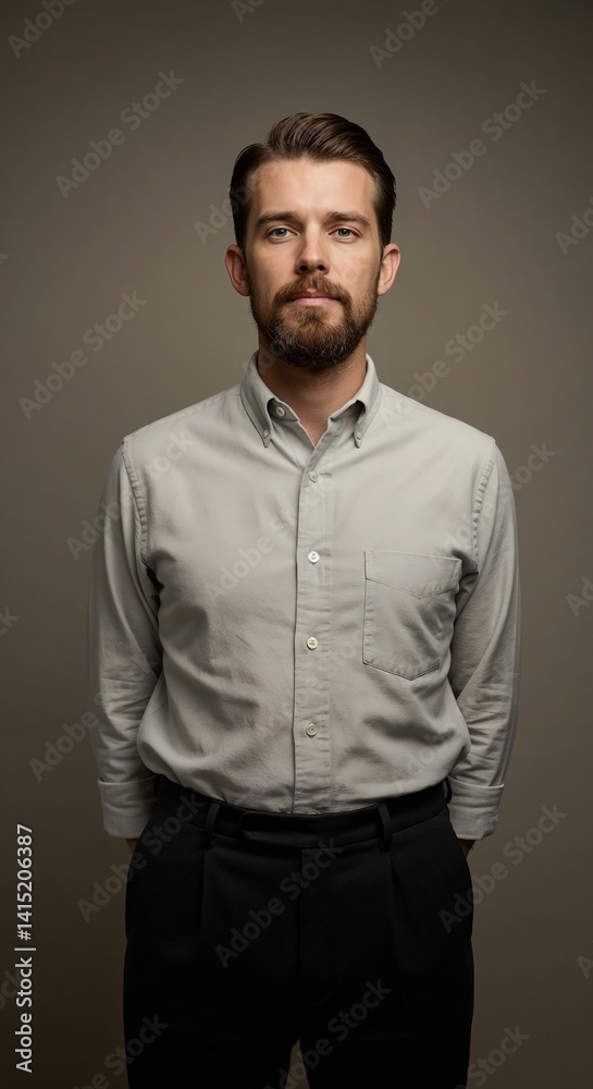 Obraz premium Confident young man with a beard posing in a casual shirt against a neutral background