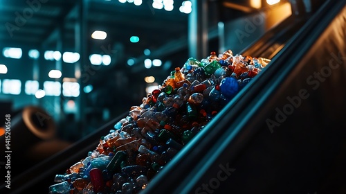 Recycled glass and plastic materials on a conveyor belt. photo