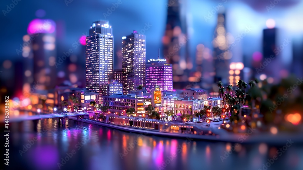Fototapeta premium Vibrant miniature cityscape at night