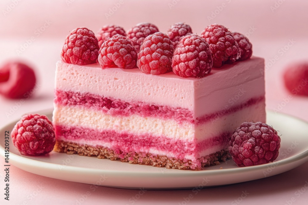 Raspberry Layer Cake: Delicate pink dessert adorned with fresh raspberries on pink plate Raspberry Layer Cake: Delicate pink dessert adorned with fresh raspberries on pink plate