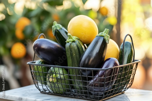 Freshly harvested summer vegetables in a metal basket. photo