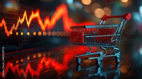 Miniature shopping cart against a fluctuating market graph implying unstable spending