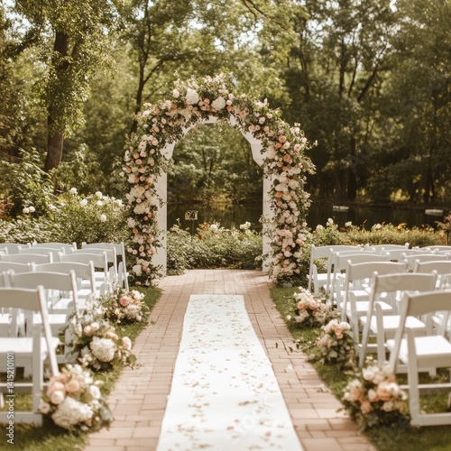 A picturesque outdoor wedding ceremony with a floral archway.