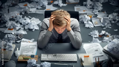 Frustrated office worker in front of chaotic screen and paperwork depicting deadline anxiety and burnout Video 4K UHD 60 fps