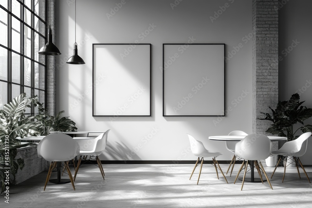 Minimalist cafe interior with blank frames natural light and modern furniture