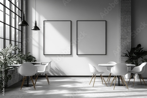Obraz na płótnie Minimalist cafe interior with blank frames natural light and modern furniture w salonie