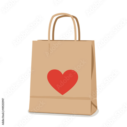 Eco-friendly craft paper bag with heart, vector illustration for shopping, gifts and declaration of love