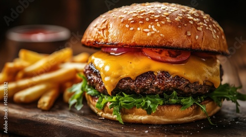 Juicy Cheeseburger with French Fries on Rustic Wooden Board