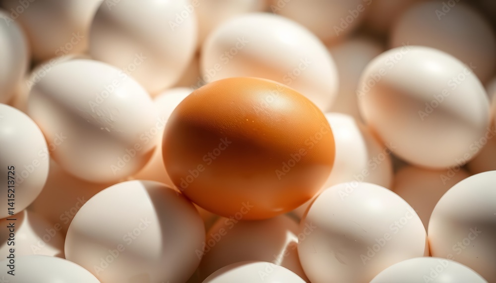 Subtle shadow play among pristine white eggs, one subtly brown, different, empty space Subtle shadow play among pristine white eggs, one subtly brown, different, empty space