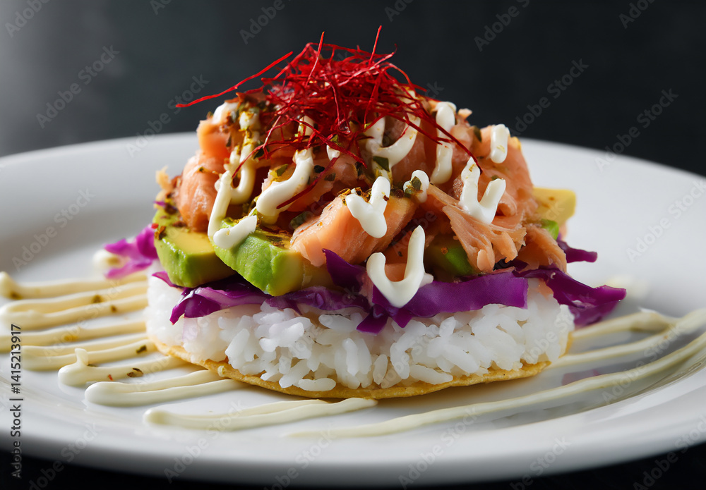 sushi-style handmade soft taco, with salmon and avocado on top of rice sushi-style handmade soft taco, with salmon and avocado on top of rice