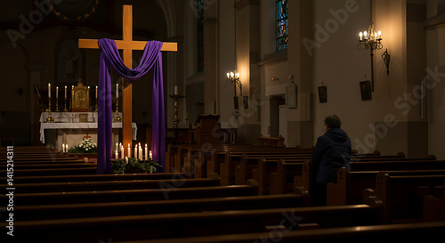Candlelit Church Interior with a Single Person Praying Quietly During a Good Friday Service

