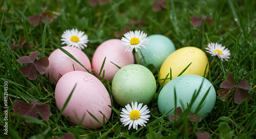 Peaceful Meadow Filled with Easter Eggs Nestled in Flowers and Grass Under Spring Light

