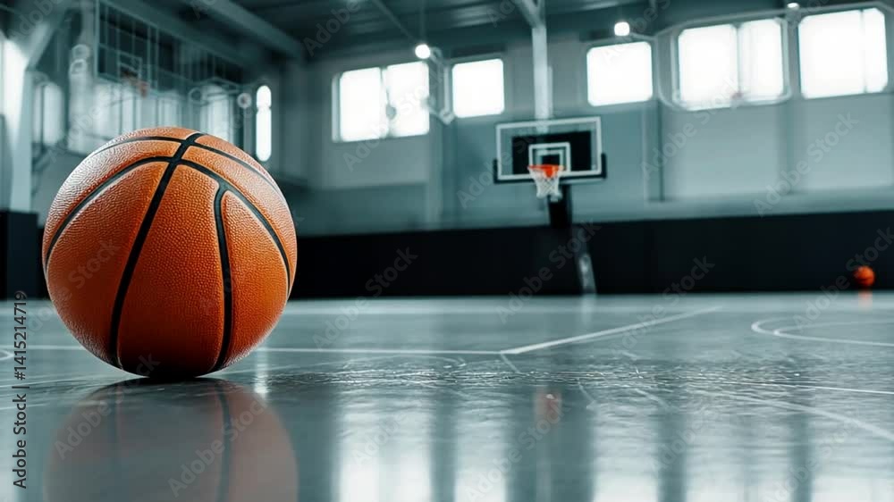 A close-up view of a basketball resting on a polished court in an indoor gymnasium