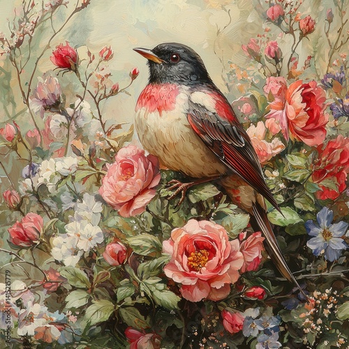 Majestic Bird Amidst Blooming Roses A Stunning Floral Painting