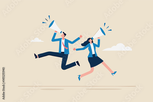 Communicate message, announce job vacancy for hiring, shouting promotion or company communication, warning alert or beware or important message concept, businessman and woman shouting on megaphone.