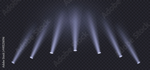 Spotlight sources, concert light effect, flashlight set on transparent background. 3D volume light effect on dark bg. Empty theater scene. Realistic vector illustration.