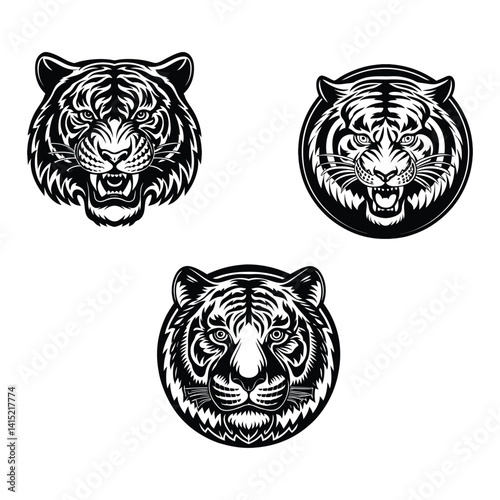 Wild tiger head silhouette vector illustration, a black feline predator portrait