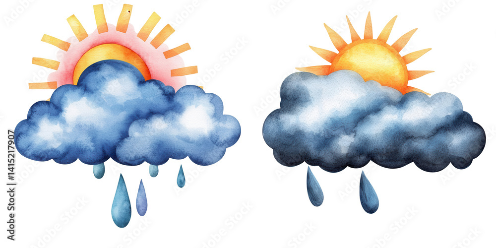 Weather Symbols with Clouds and Rain, Sunshine, and Bright Sunlight
