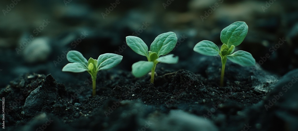Three small green sprouts emerge from dark soil in a close-up view. Three small green sprouts emerge from dark soil in a close-up view.