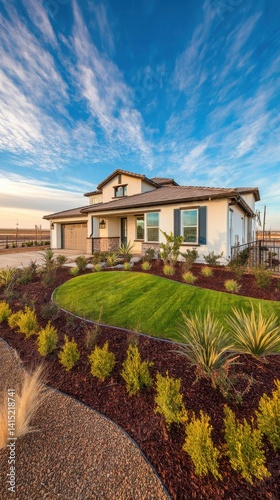 Charming single-story home with lush landscaping under a vibrant, cloud-streaked sky. Modern curb appeal with a welcoming front lawn