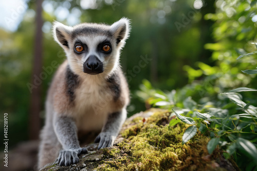Ring-tailed lemur perched on moss, gazing forward with bright eyes. Exotic nature scene, outdoor environment.